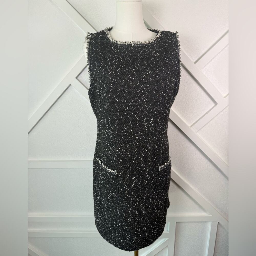 NWT Max Studio London Black Tweed Shift Dress XL Fringe Trim Pockets Sleeveless